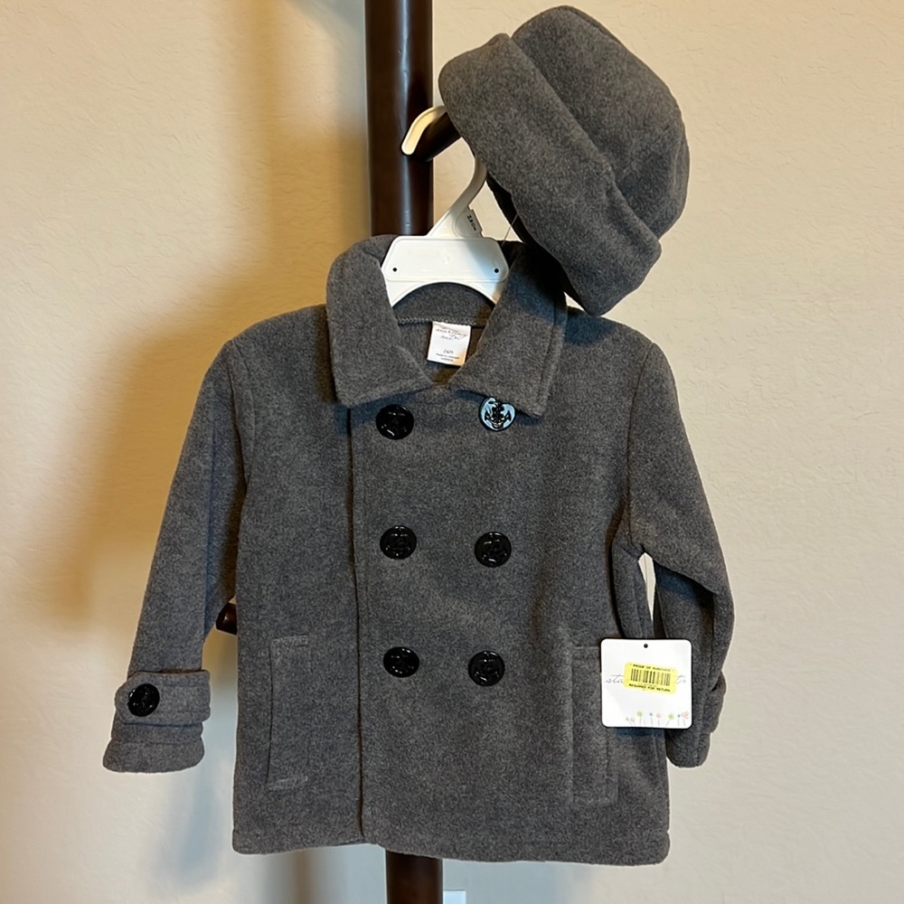 Gray polyester pea coat with winter hat set